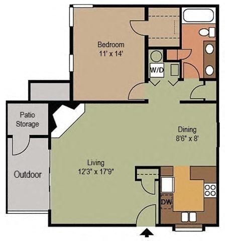 Floor plan for 1 bed, 1 bath, 798 sqft